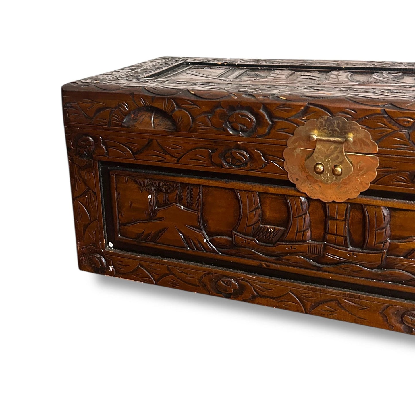 Mid Century Chinese Carved Camphor Wood Storage Treasure Chest