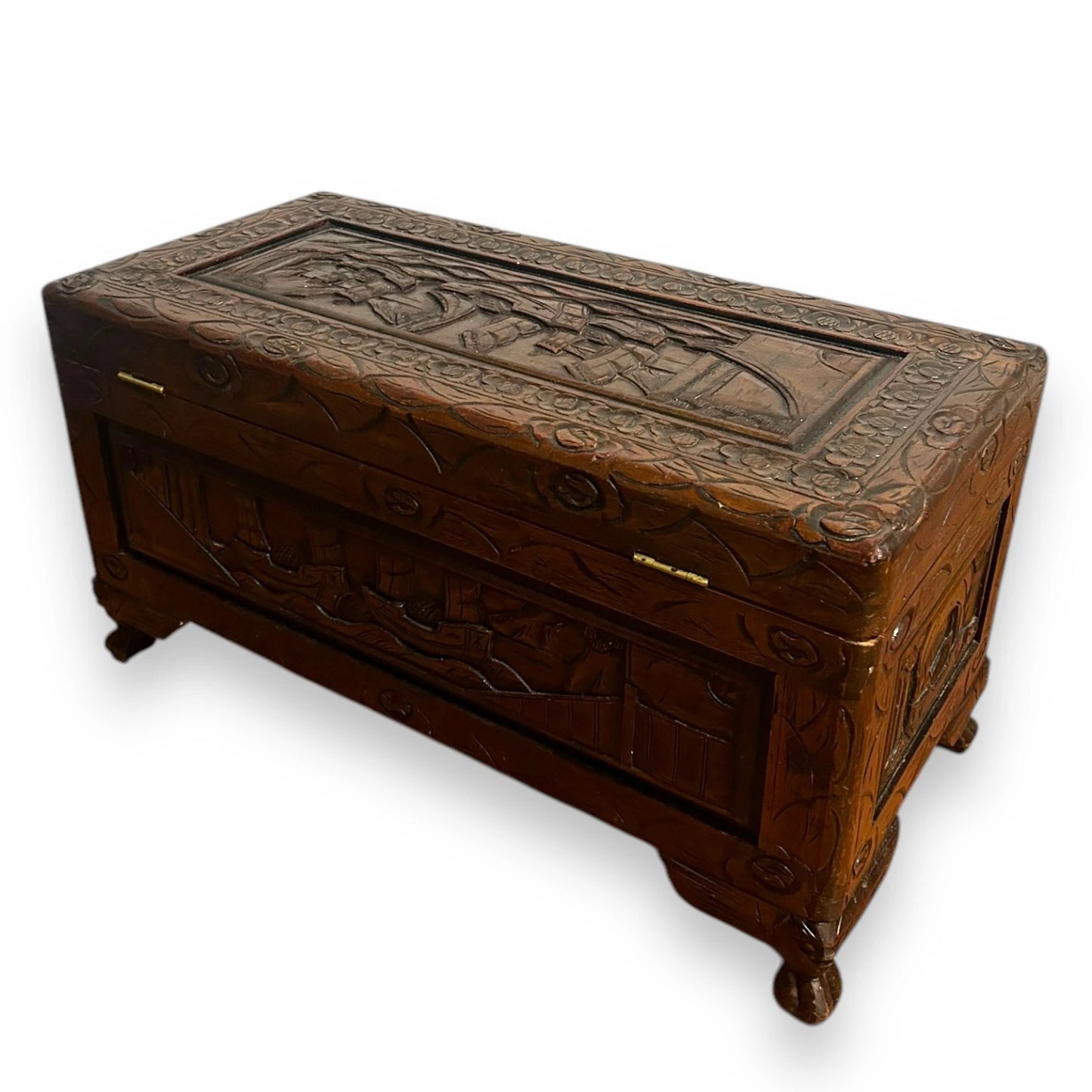 Antique Chinese Carved Camphor Wood Trunk Chest