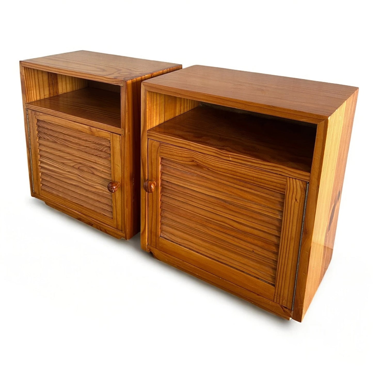 Mid Century Modern Pair of Teak Wood Slatted Bedside Cabinets