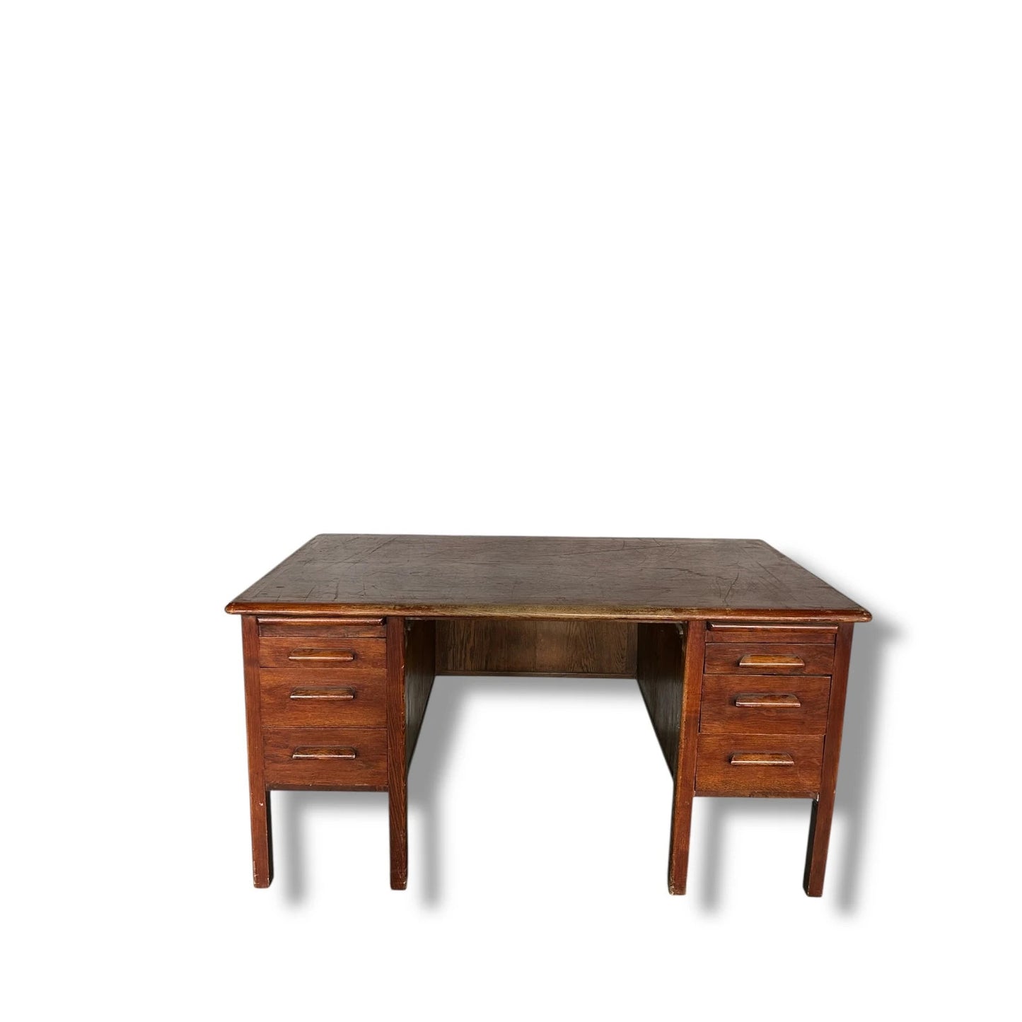 Vintage 1940s Abbess Oak Teacher’s Desk – Double Pedestal School Desk