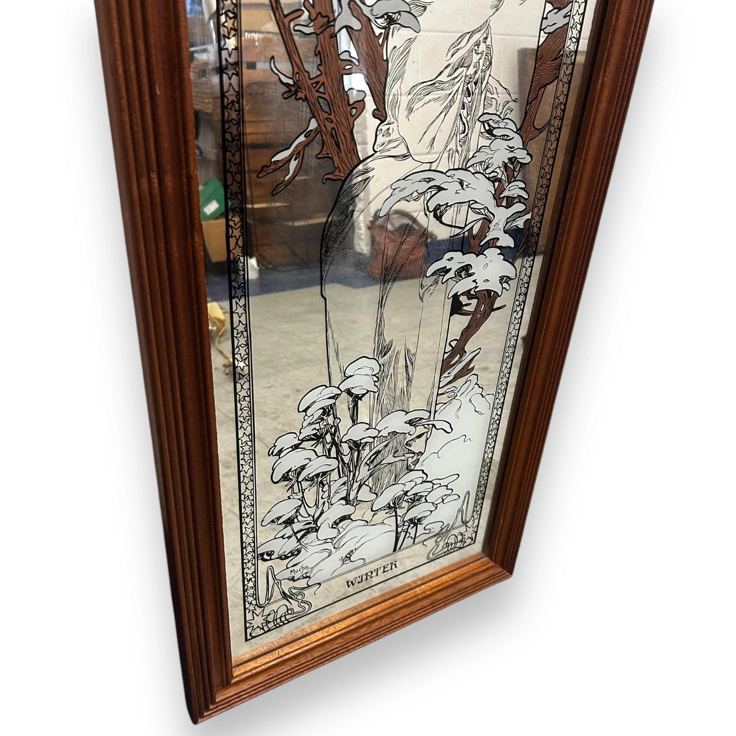 Vintage 1960s Alphonse Mucha Four Seasons Winter Long Mirror