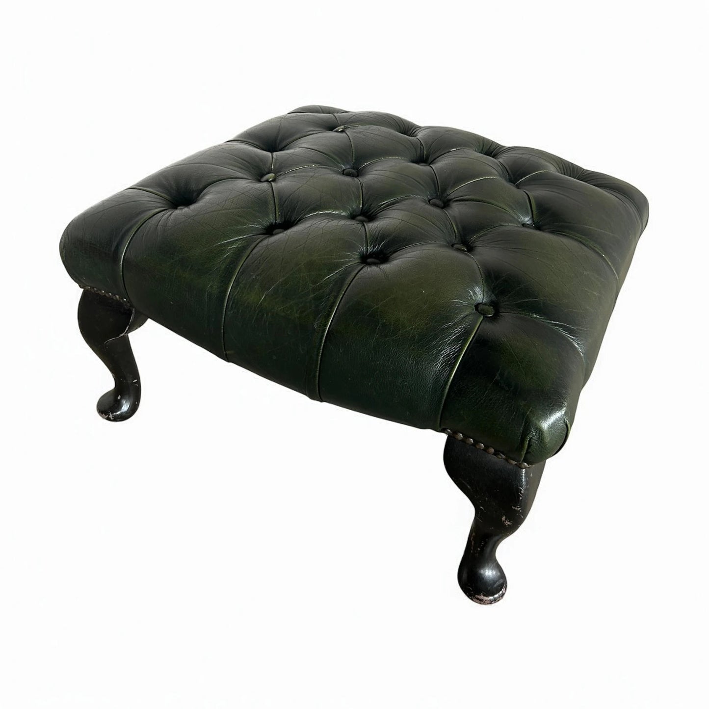 Mid Century Modern Dark Green Leather Chesterfield Foot Stool
