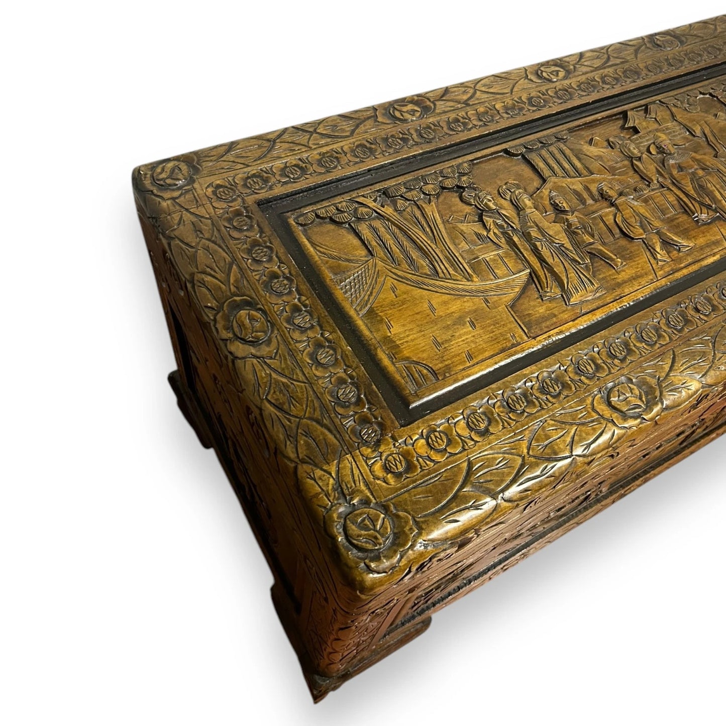 Antique Oriental Carved Camphor Wood Trunk Chest