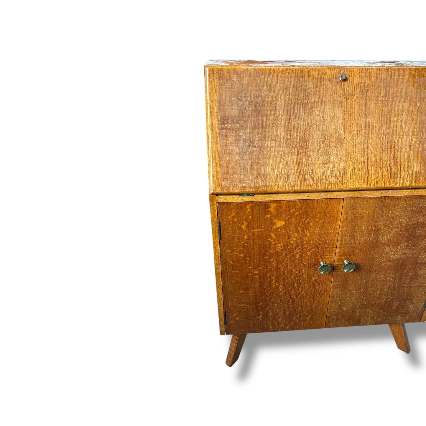 Mid Century Modern Oak Bureau Desk Cabinet | Vintage Drop-Front Writing Desk with Storage Drawers