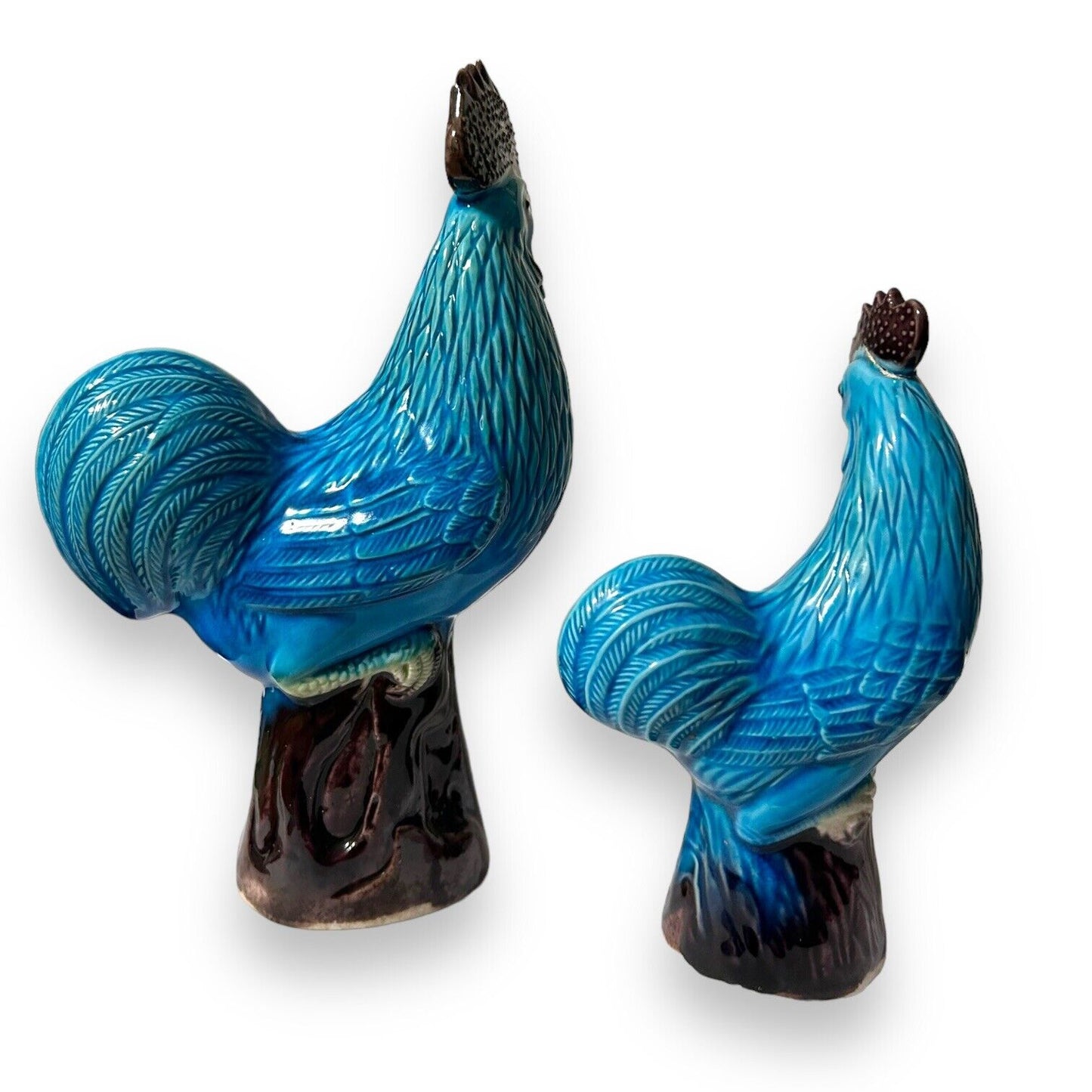 Pair of Antique Vintage Chinese Blue Glazed Porcelain Cockerels Roosters