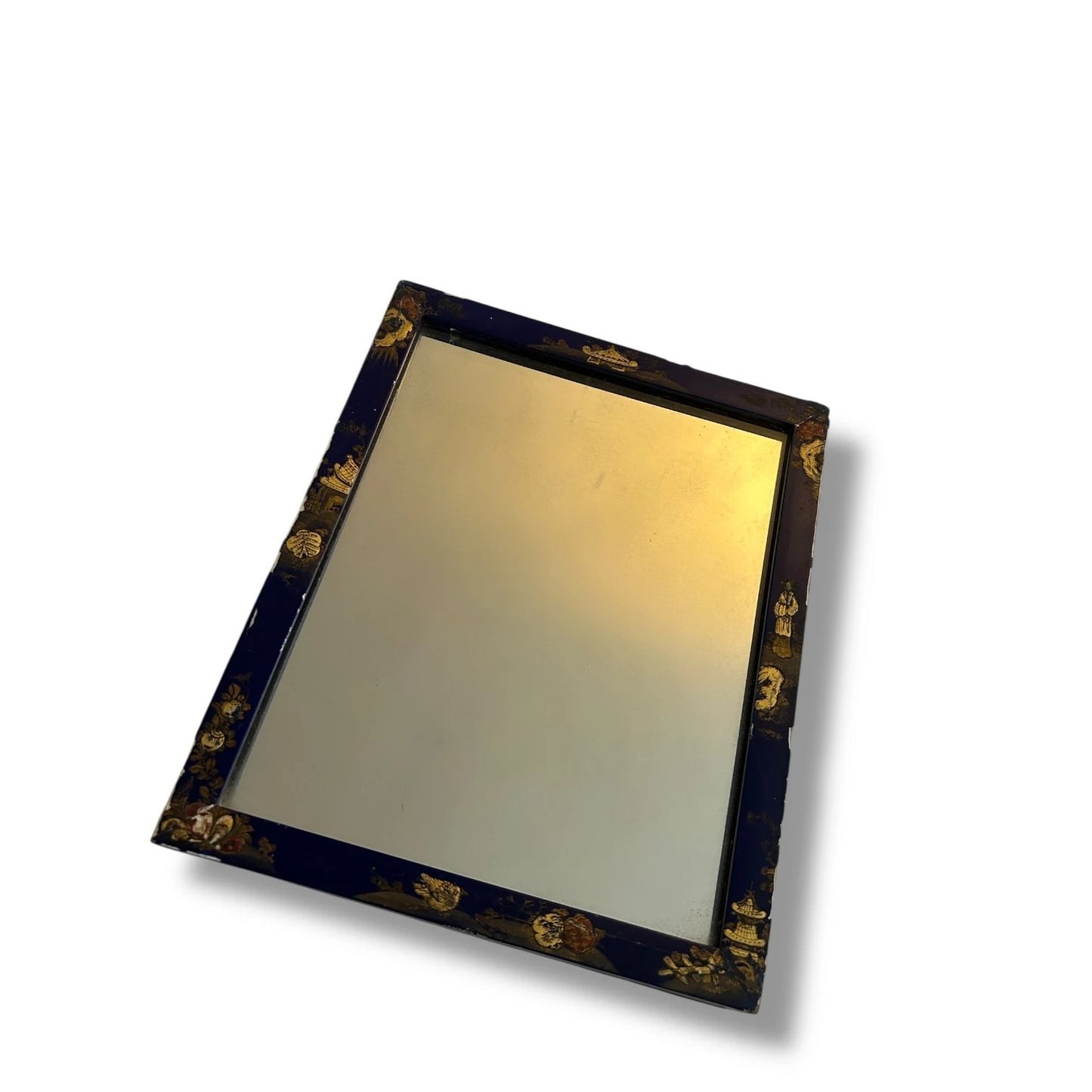 Antique Chinoiserie Mirror | Blue & Gold Gilt Painted Rectangular Wall Mirror
