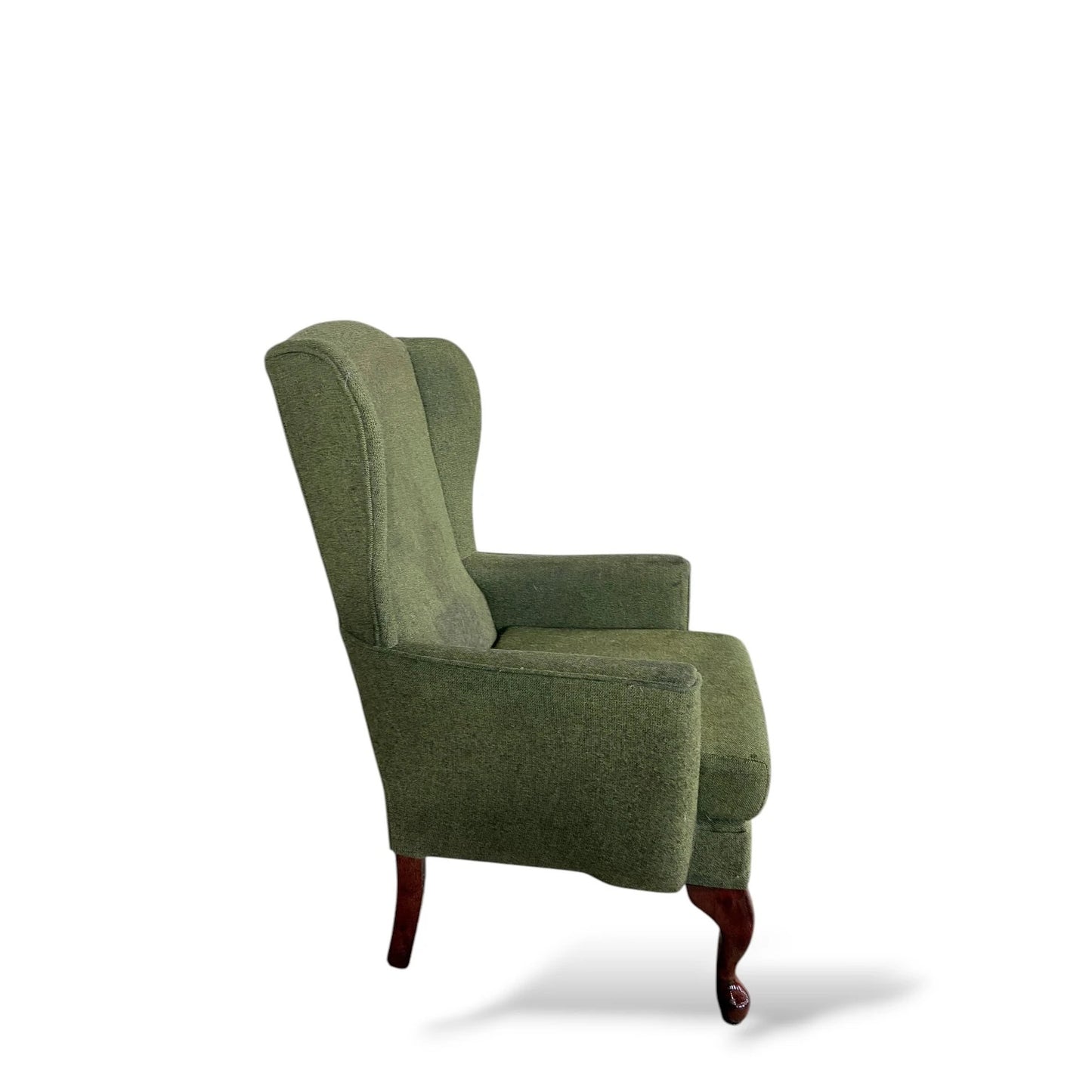 Vintage Green Upholstered Wingback Armchair with Cabriole Legs