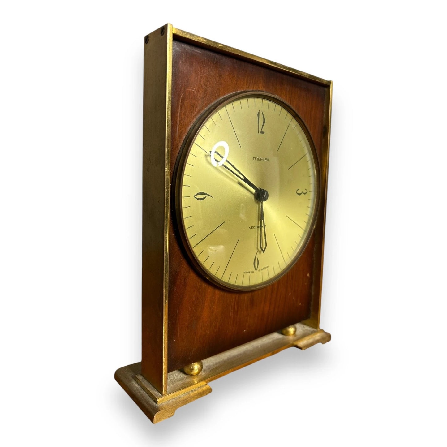 Mid Century Brass and Wood Tempora Table Clock