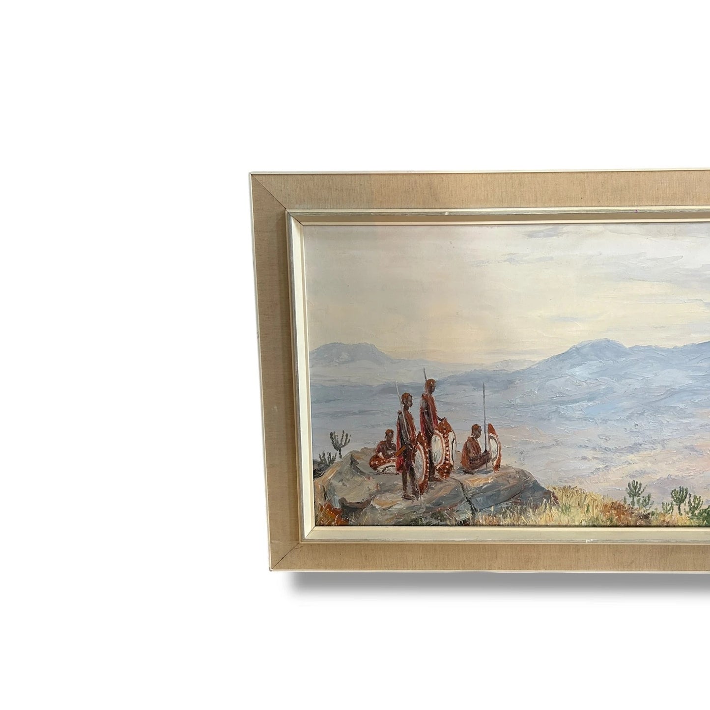 Mid Century Kenyan Maasai Warriors Landscape Framed Painting