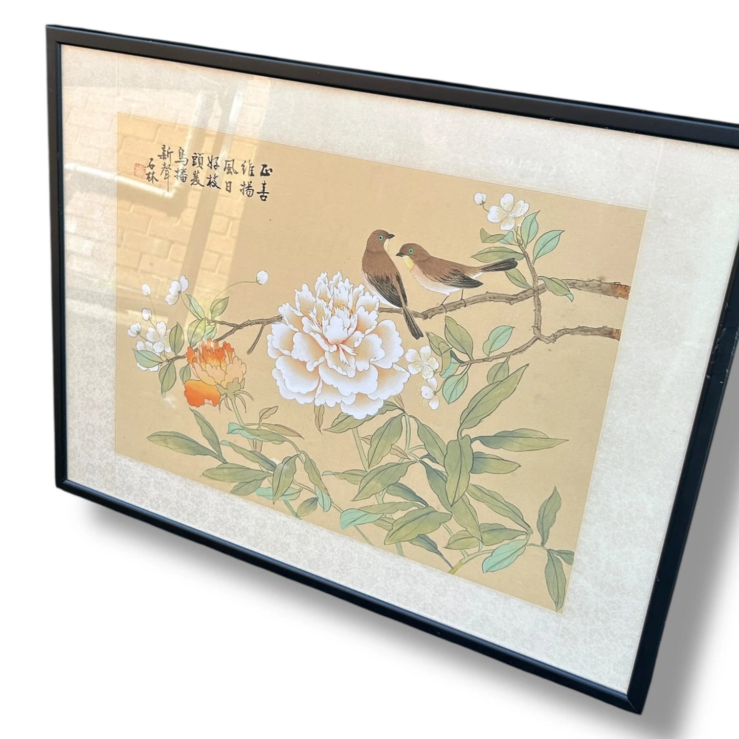 Vintage 1960s Chinese Birds Nature Silk Art Framed Painting
