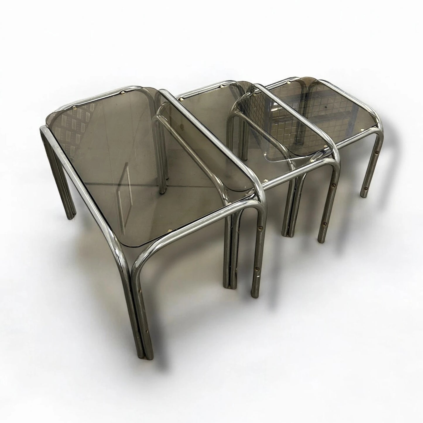 Mid Century Smoked Glass and Chrome Nest of Tables