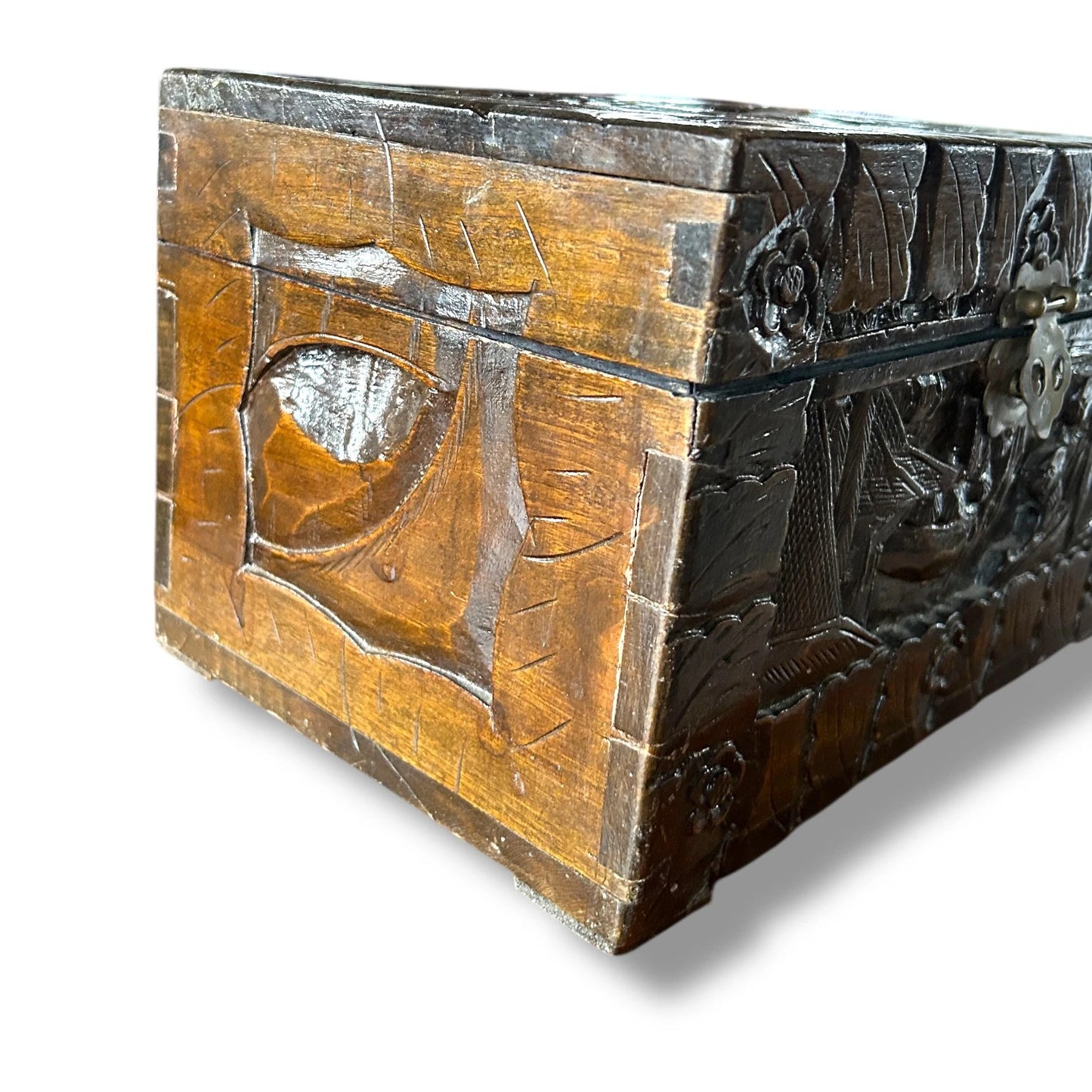 Mid Century Chinese Carved Camphor Wood Sewing Box