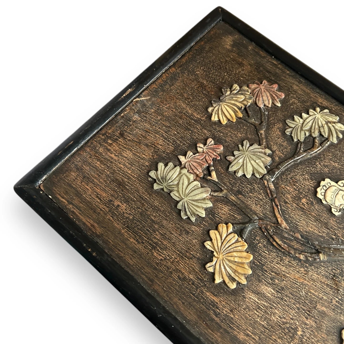 Vintage 1950s Chinese Soapstone Wood Carving Wall Panel