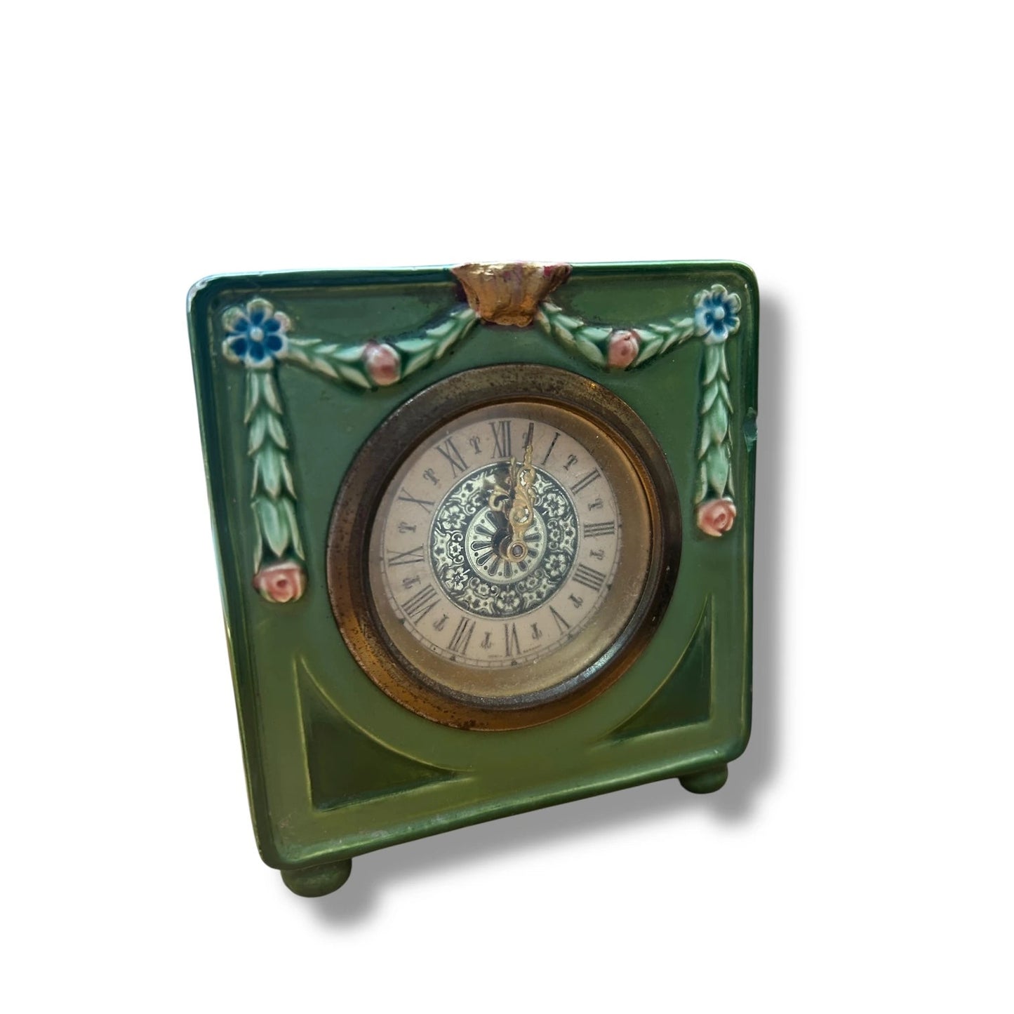 Vintage West German Mantel Clock | Green Ceramic Floral Table Clock
