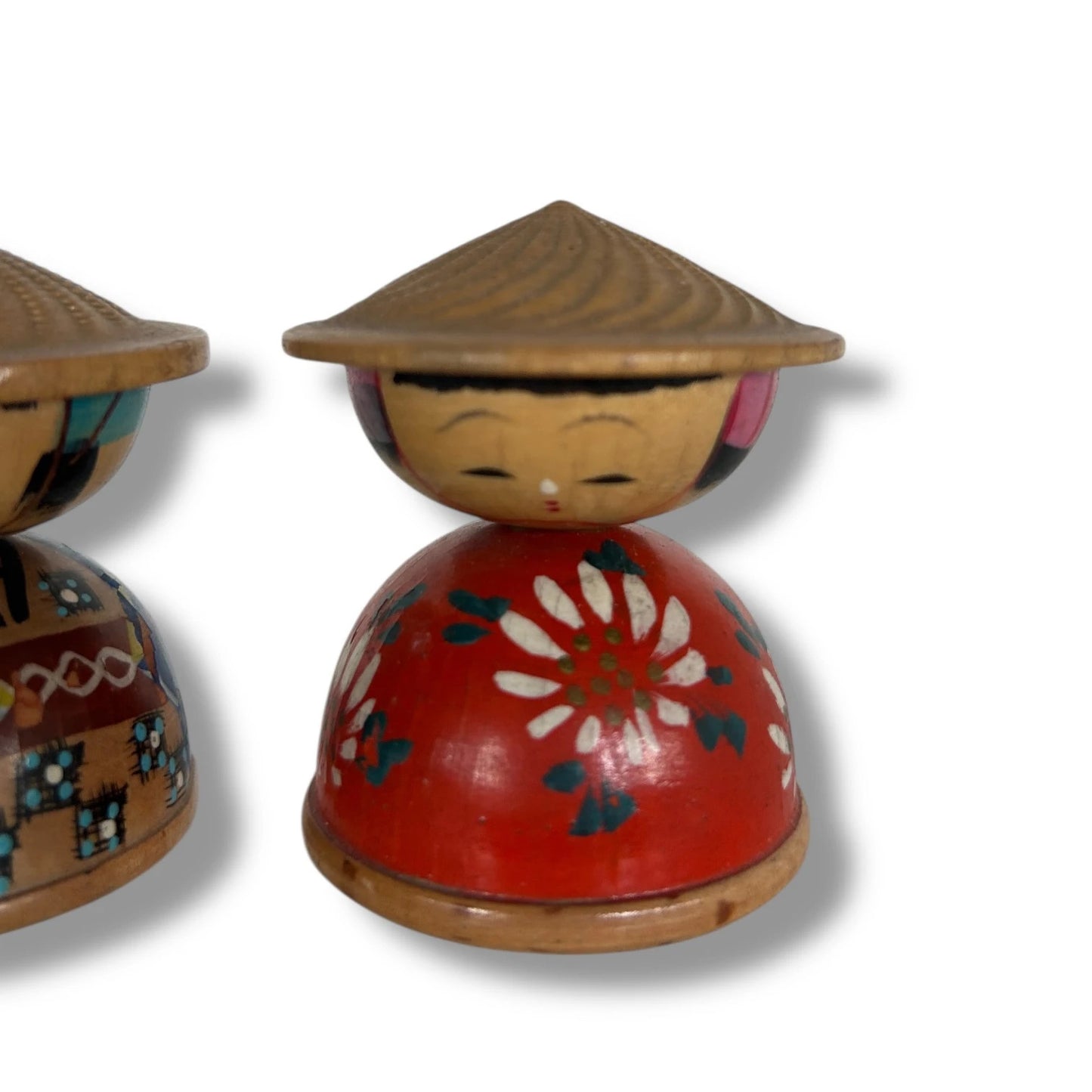 Mid Century Pair of Carved Wood Japanese Kokeshi Dolls