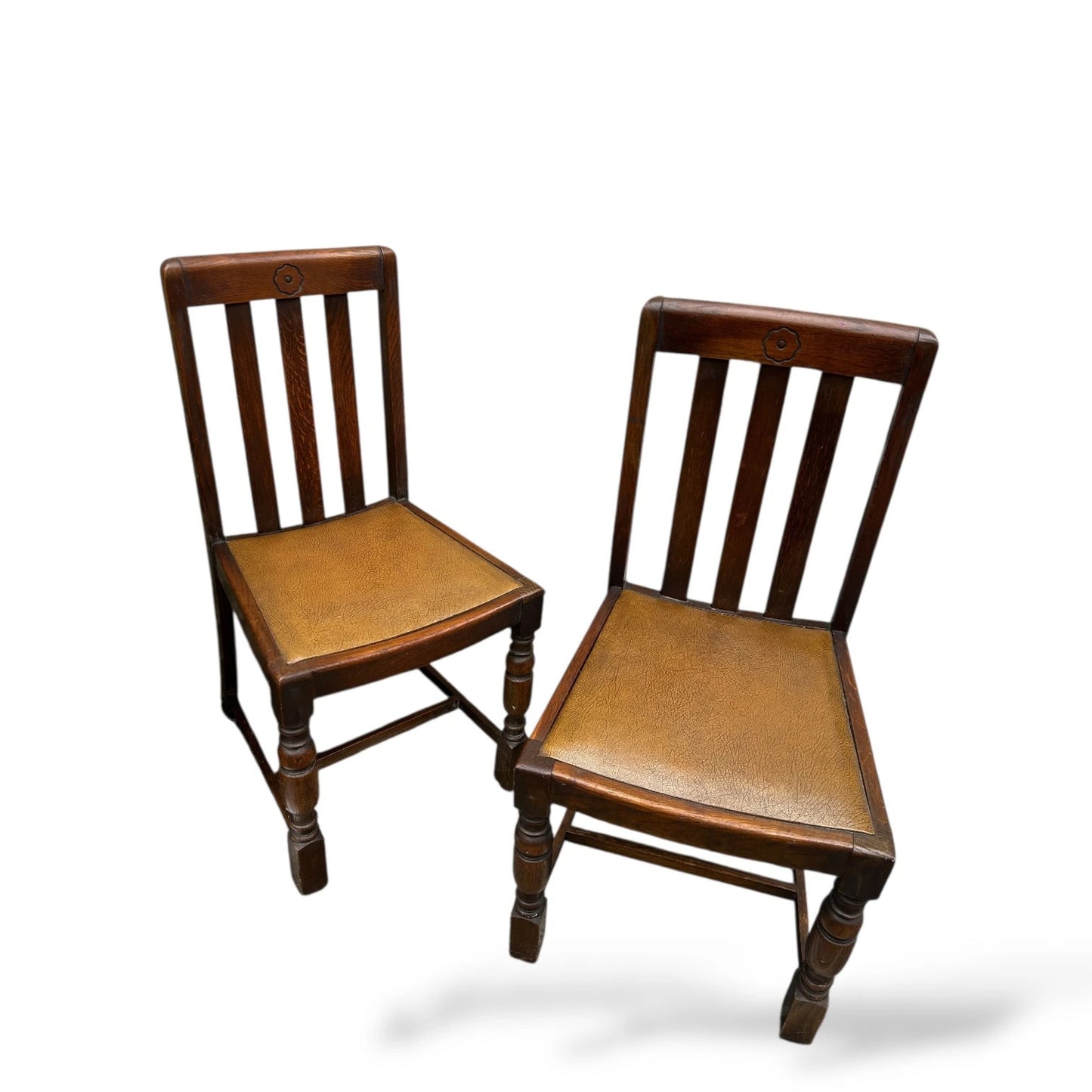 Pair of Vintage Oak Dining Chairs Yellow Leatherette Seats
