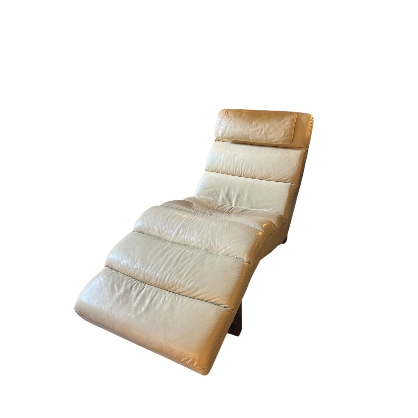 Mid Century Beige Leather Chaise Lounge Chair | Vintage Retro Lounge Chair with Wood Legs