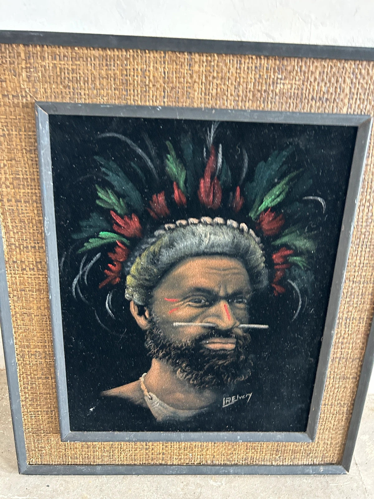 Mid Century Modern Tribal African Warrior Art Painting Bamboo Jute Frame