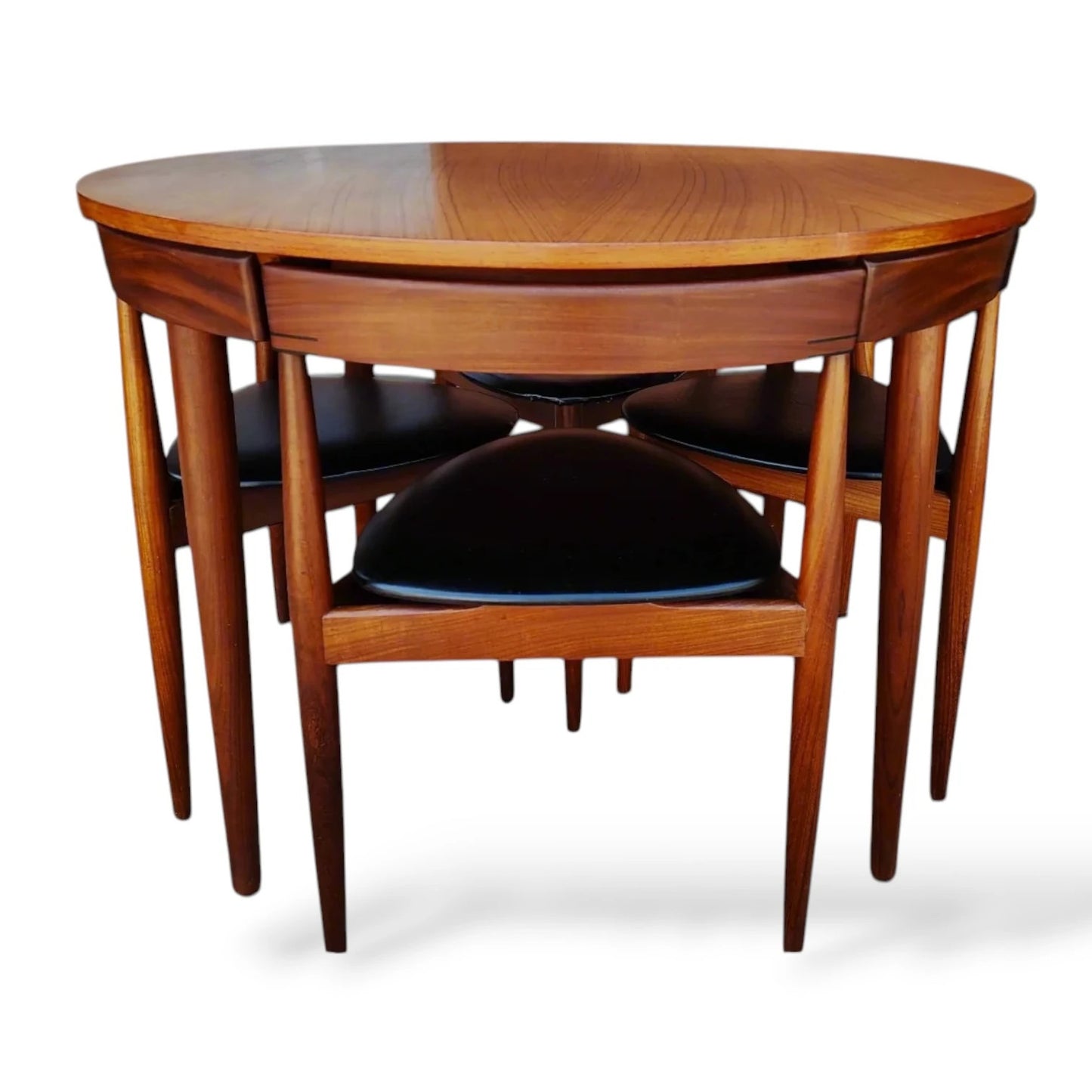 Hans Olsen Frem Røjle Roundette Dining Set | Danish Teak Table & 4 Three-Legged Chairs