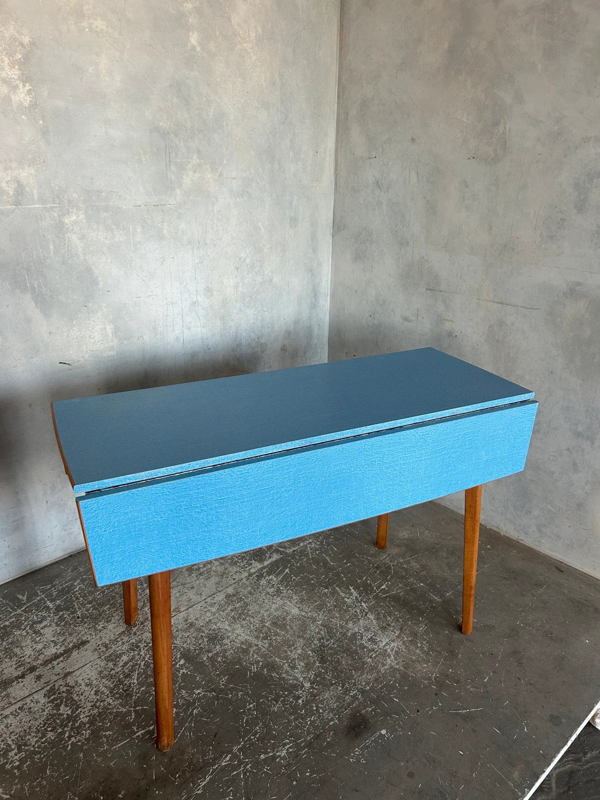 Mid Century Modern Blue Formica Drop Leaf Extendable Dining Table