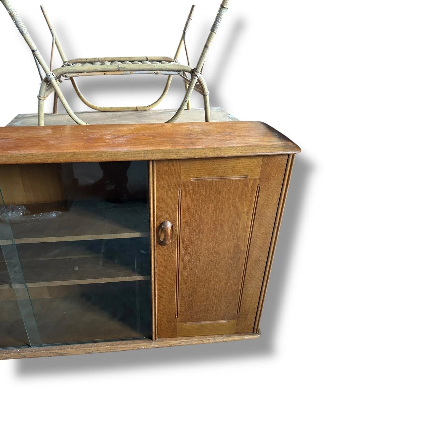 Midcentury Solid Oak Bookcase with Sliding Glass Doors | 1960s Priory Cabinet, Ercol Style