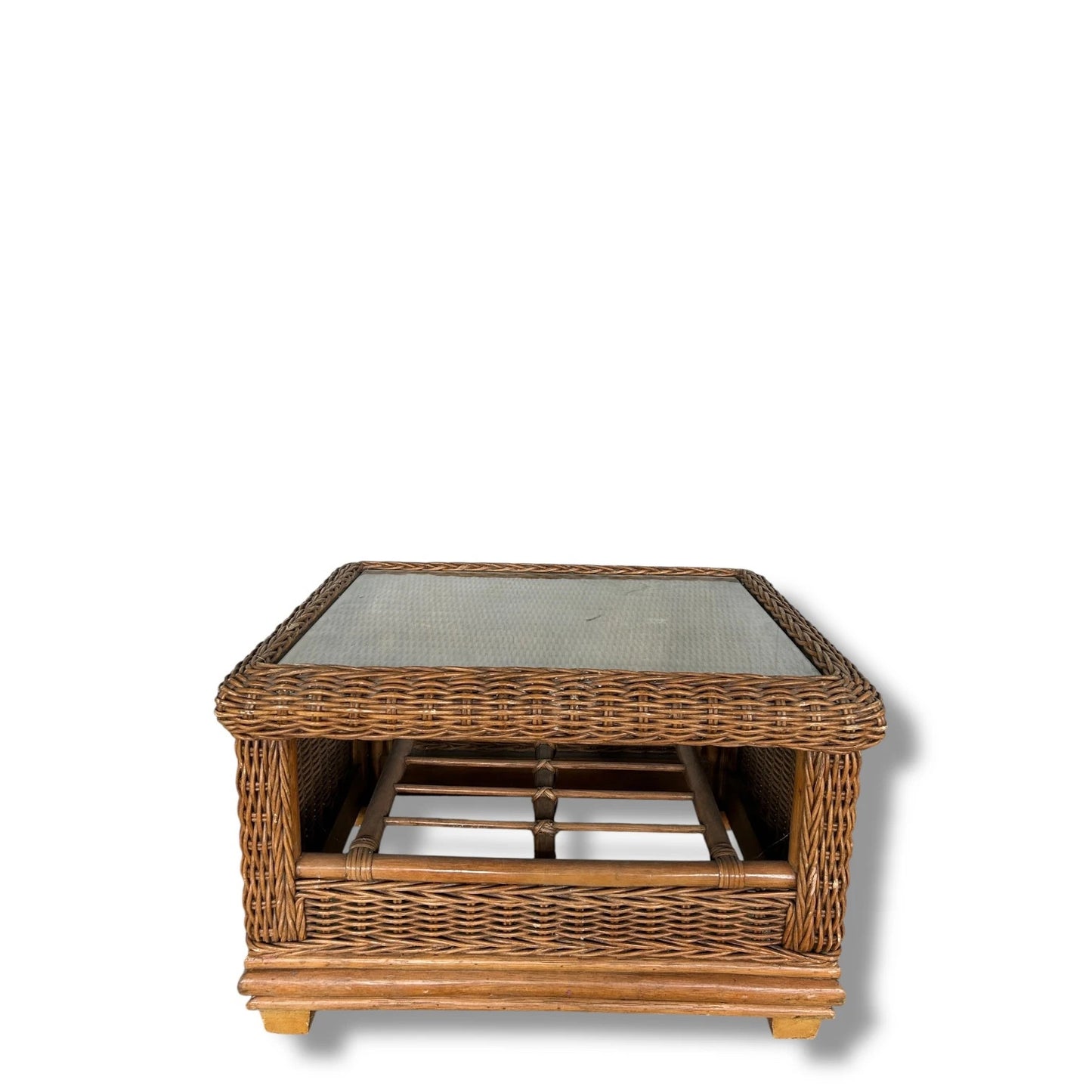 Mid Century Modern Wicker Bamboo Glass Topped Coffee Table