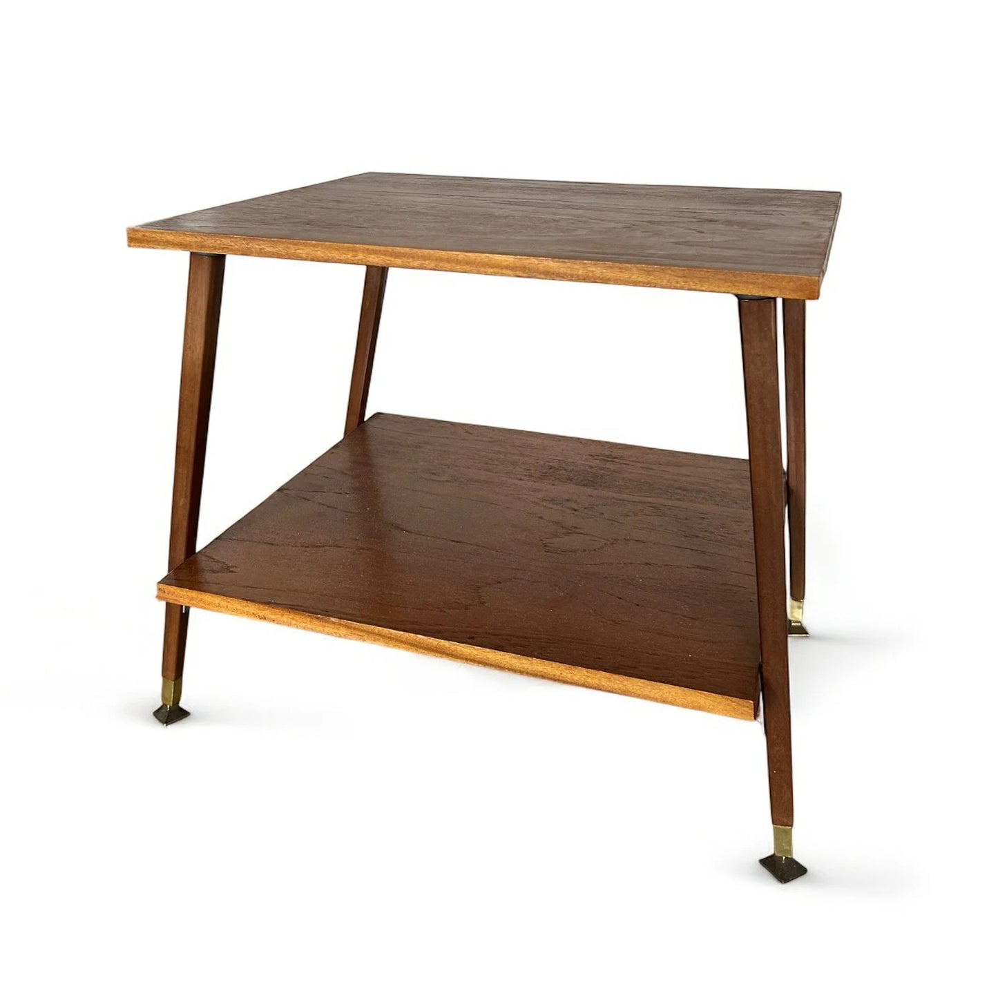 Mid Century Modern Danish Teak Wood Two Tiered Shelving Side Table