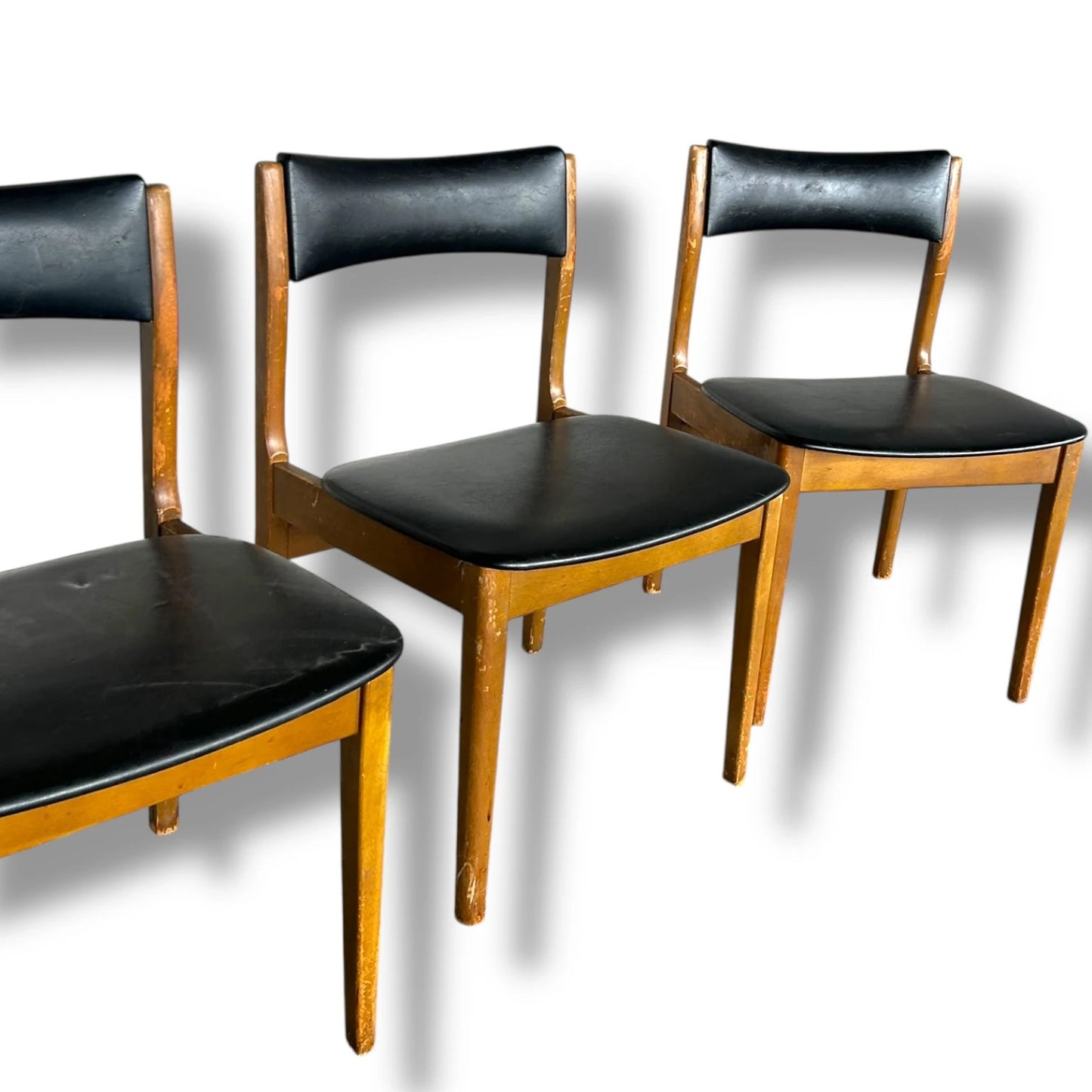 Mid Century Modern Teak Wood and Black Vinyl Set of Four Dining Chairs