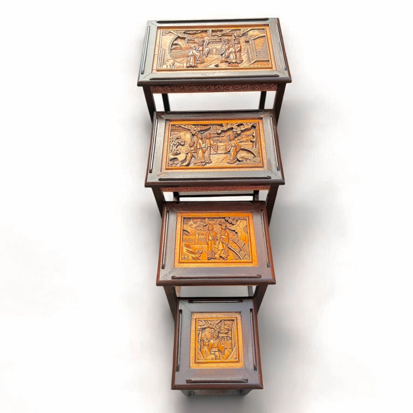 Mid Century Set of Four Chinese Carved Camphor Wood Nest of Tables