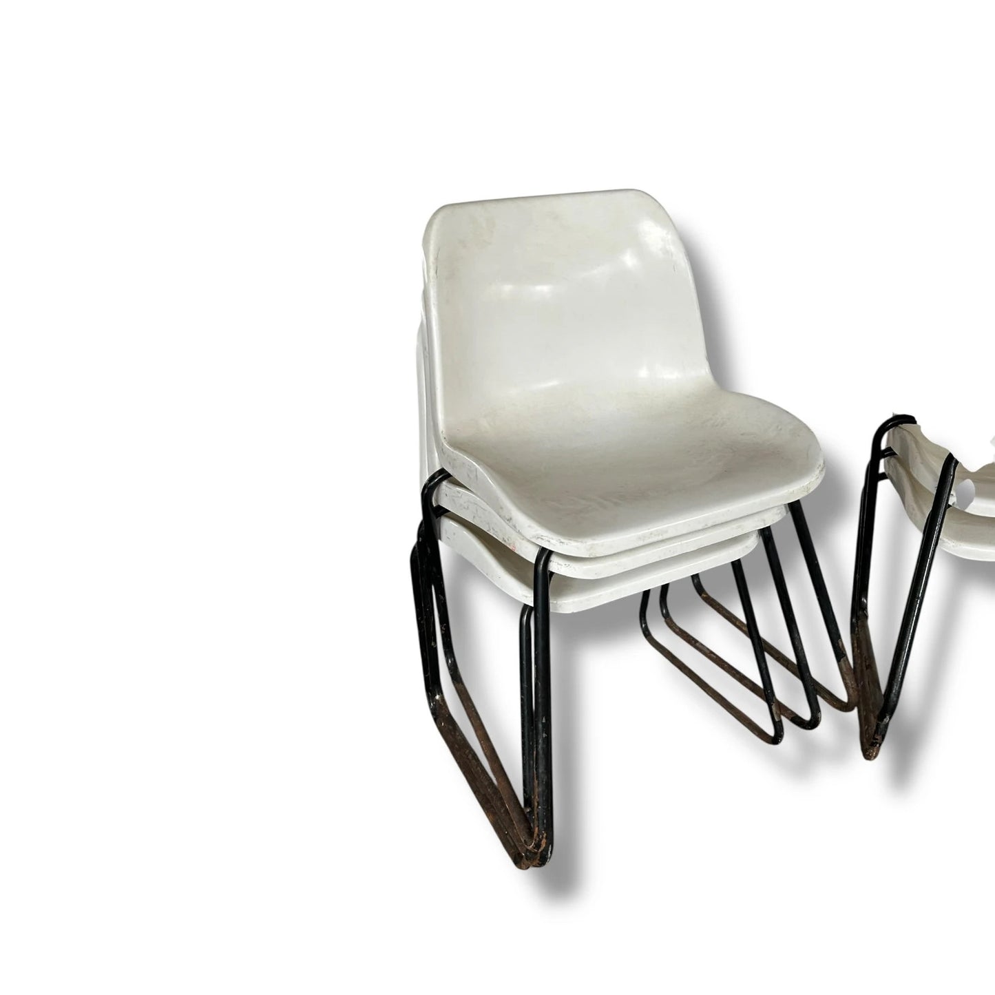 Mid Century Stackable White Plastic & Metal Chairs | Vintage Industrial Seating
