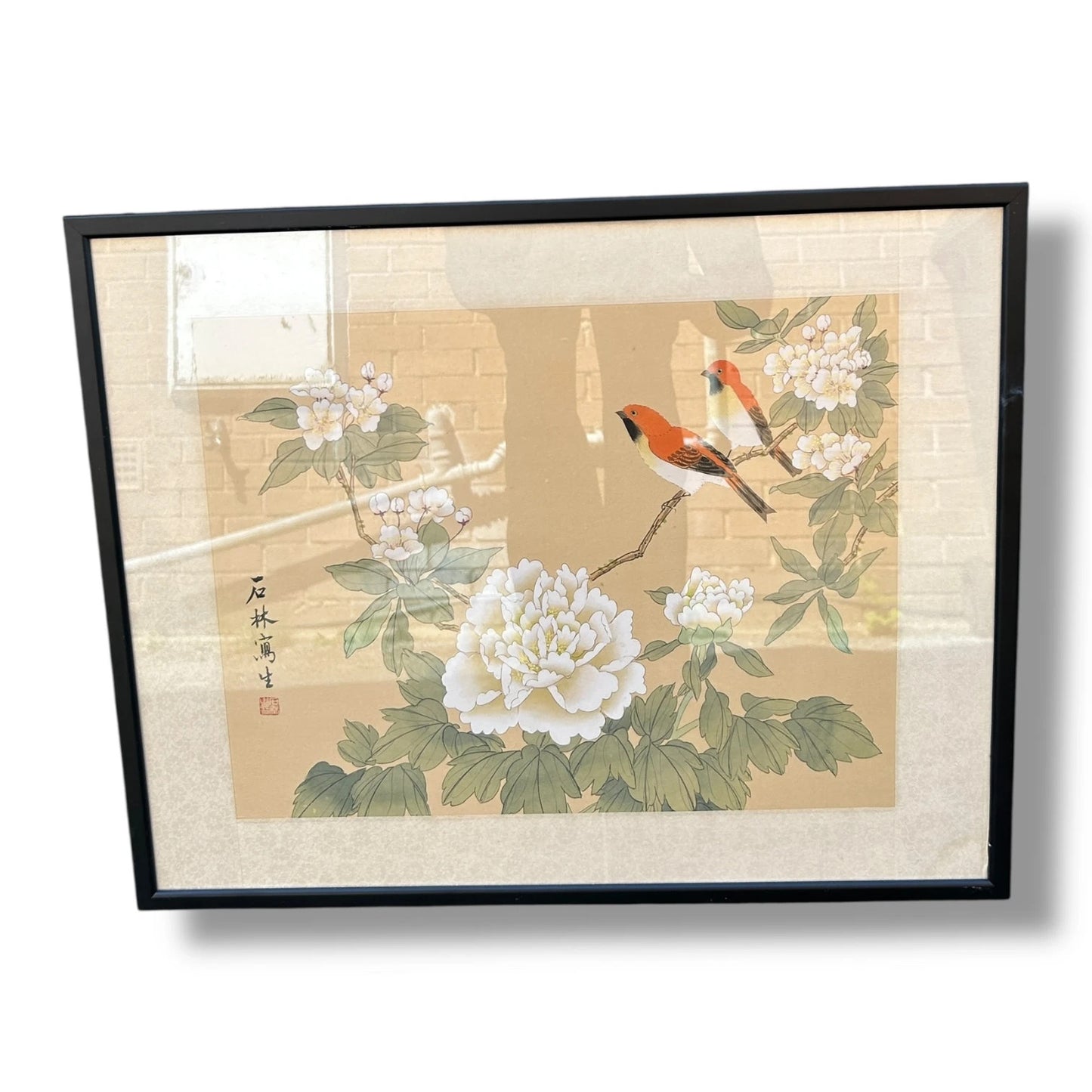 Vintage 1960s Chinese Birds Nature Floral Silk Art Framed Painting