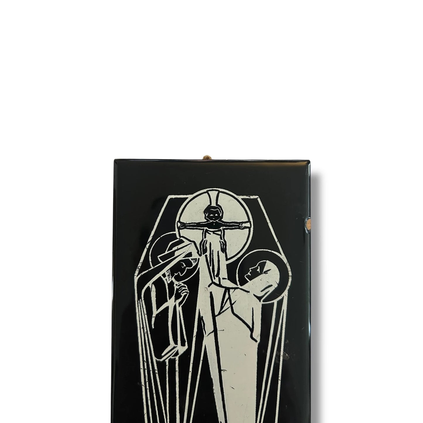Mid Century Modern Religious Enamel Plaque | Abstract Crucifixion Scene