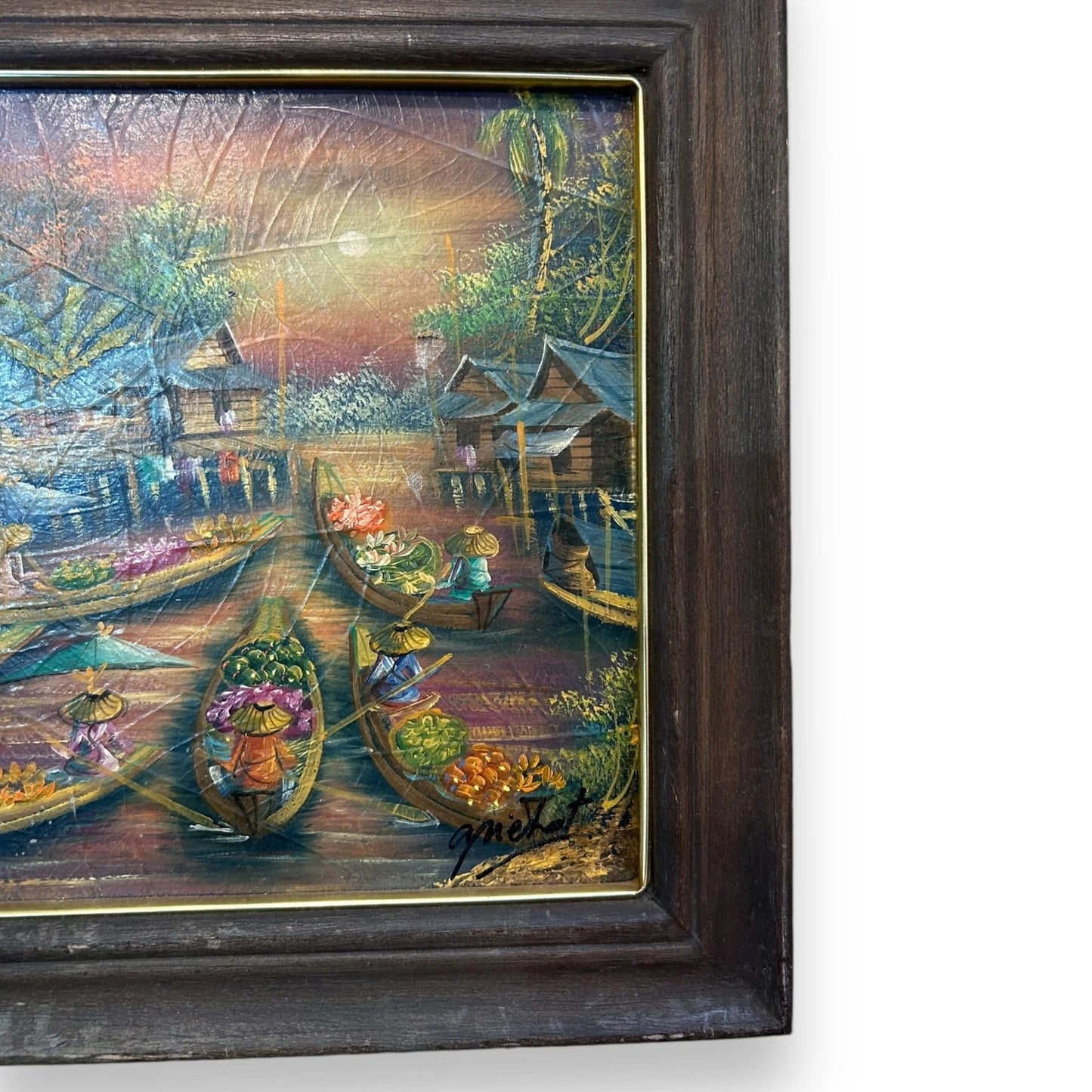 Vintage 1950s Thai Village Oil Painting Framed