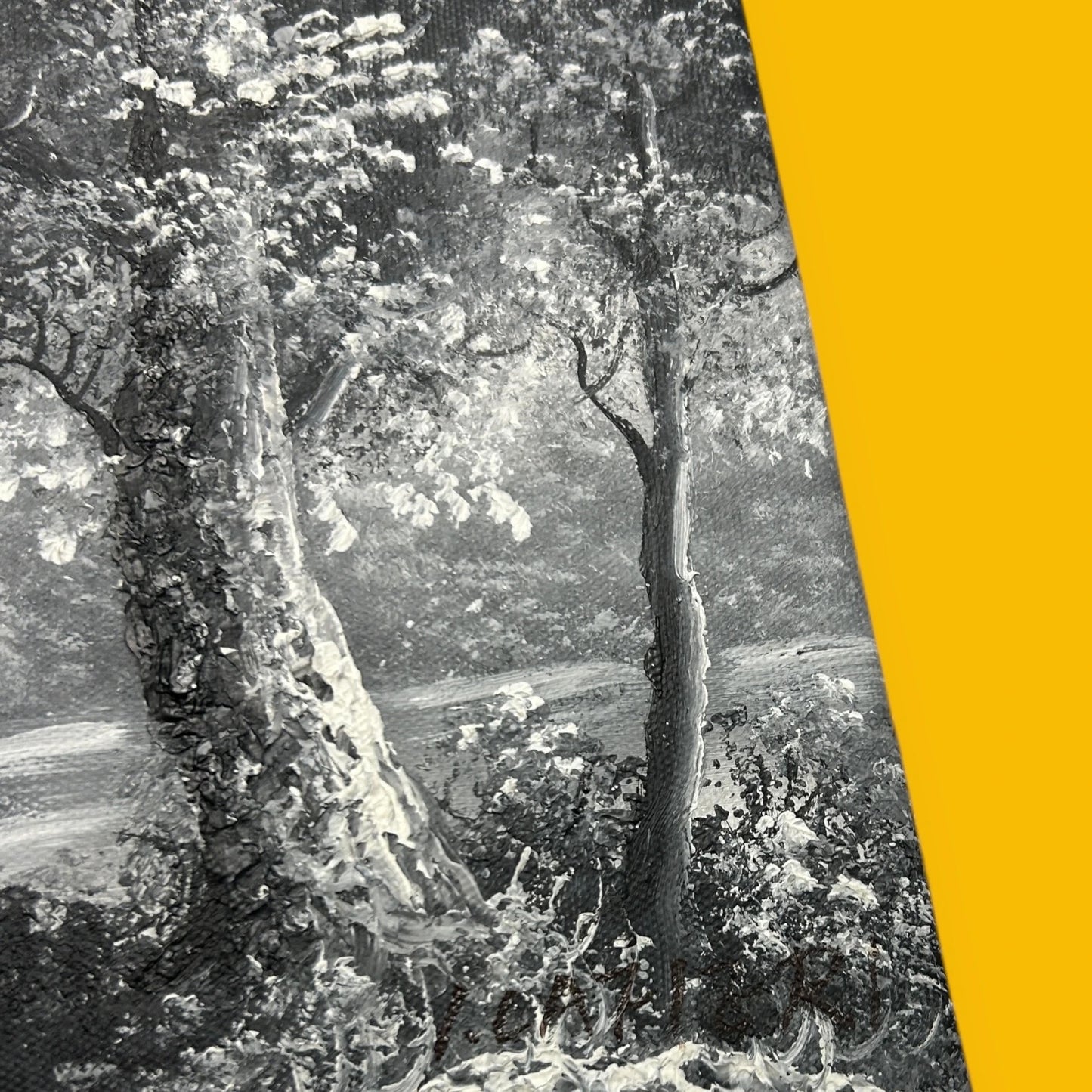 Mid Century Black and White Nature Oil Painting