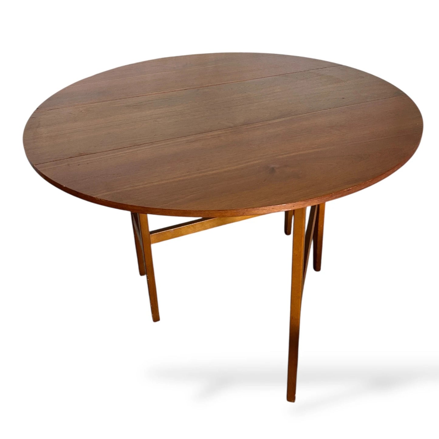 Mid Century Teak Drop Leaf Dining Table – Vintage Circular Folding Space Saving Table