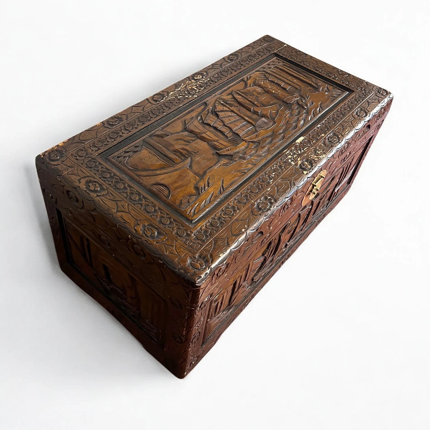 Mid Century Modern Chinese Camphor Wood Carved Storage Treasure Chest