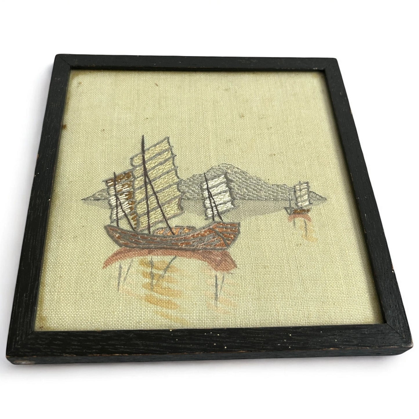 Mid Century Japanese Boats Handpainted Silk Paintings