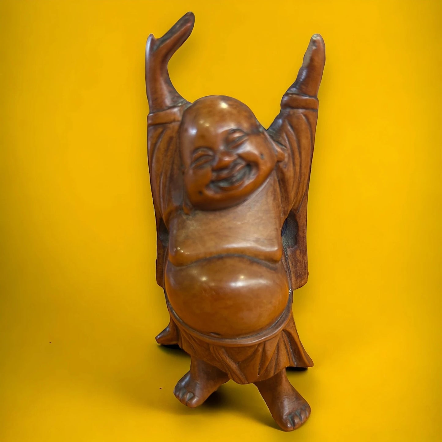 Antique Chinese Hand Carved Wood Smiling Buddha Statue