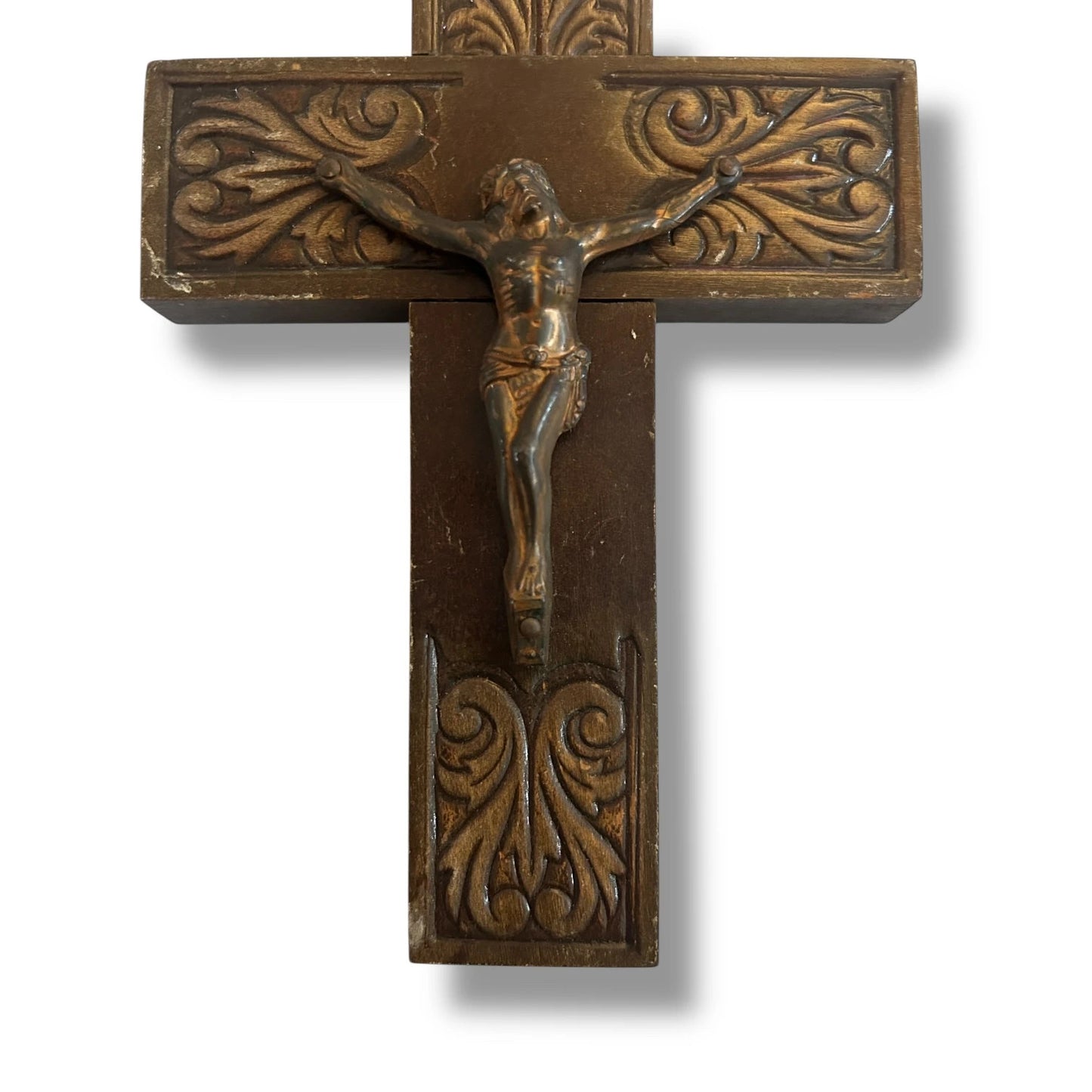 Vintage 1960s Carved Oak Wood Crucifix | Mid Century Jesus Christ Wall Cross