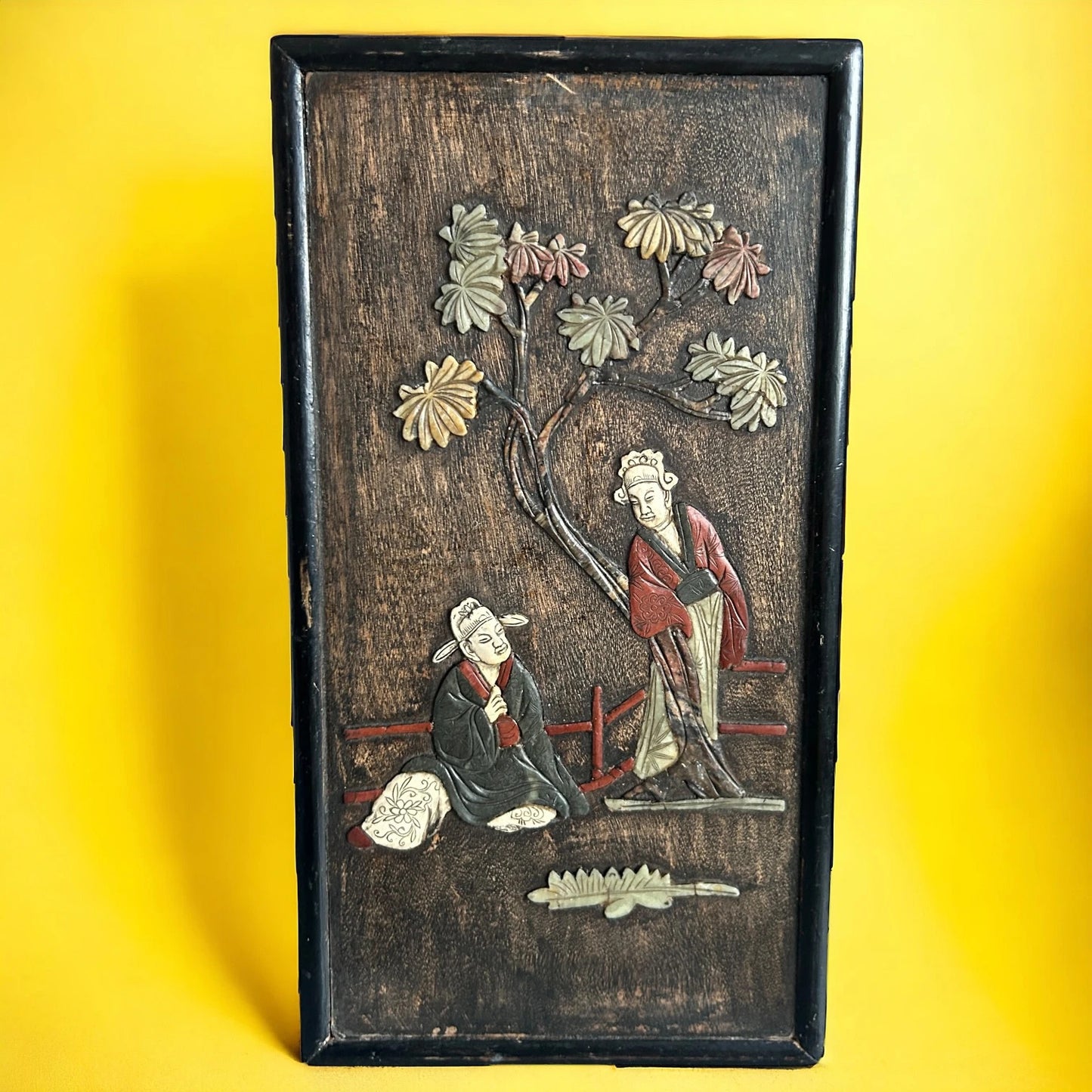 Vintage 1950s Chinese Soapstone Wood Carving Wall Panel
