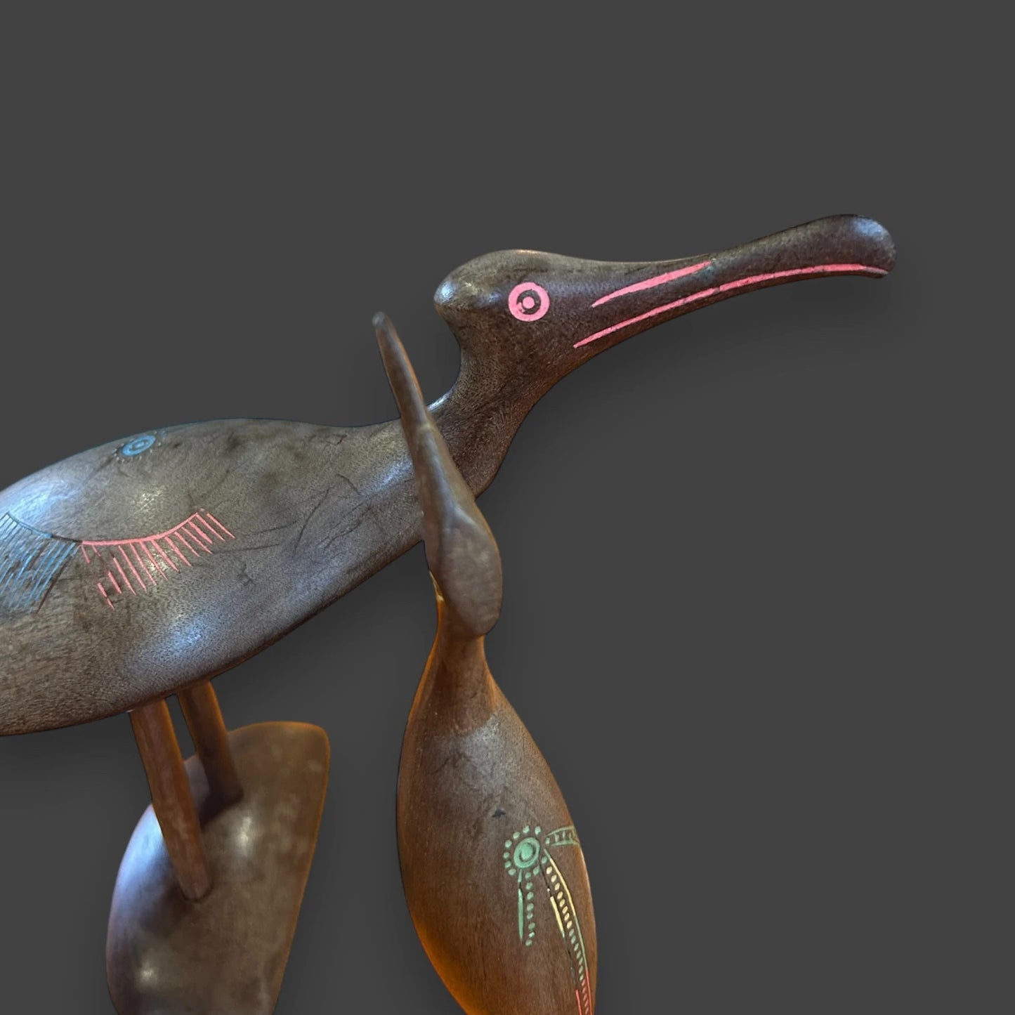 Mid Century Pair of Carved Wood Birds