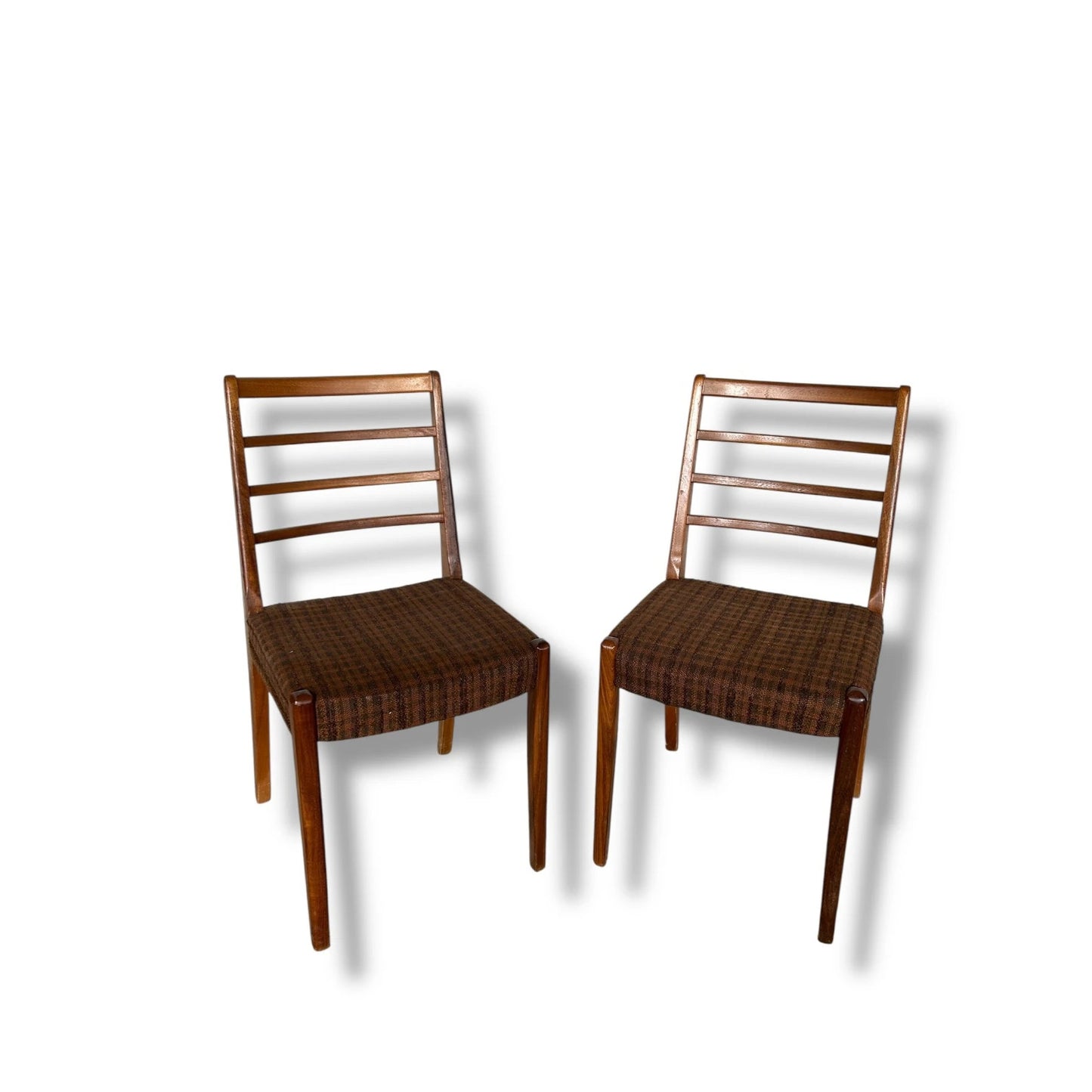 Pair of Vintage Danish Dining Chairs – Mid Century Modern Ladder Back Chairs with Plaid Upholstery
