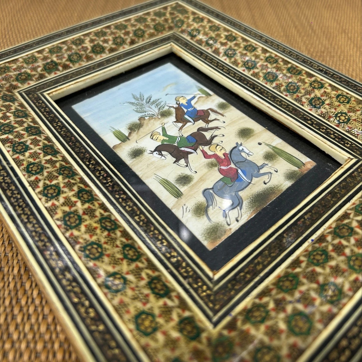 Vintage 1960s Persian Khatam Mosaic Framed Miniature Art Painting