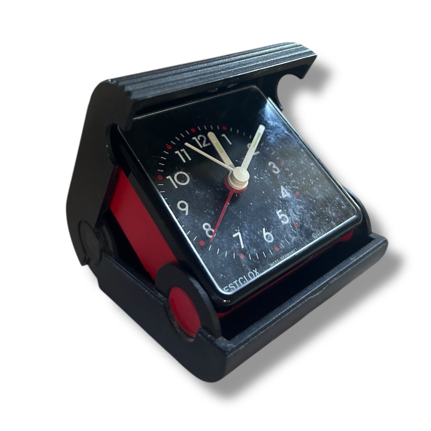 Mid Century West German Red and Black Westclox Travel Alarm Clock
