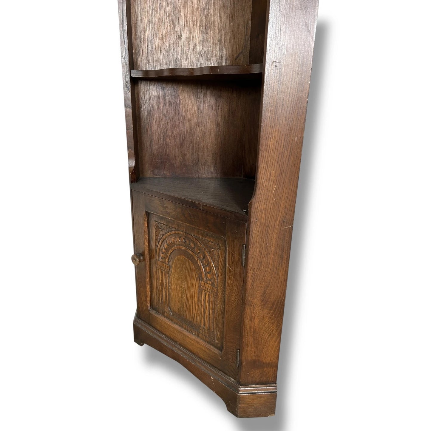 Antique Dark Oak Wood Corner Cabinet Shelving Unit