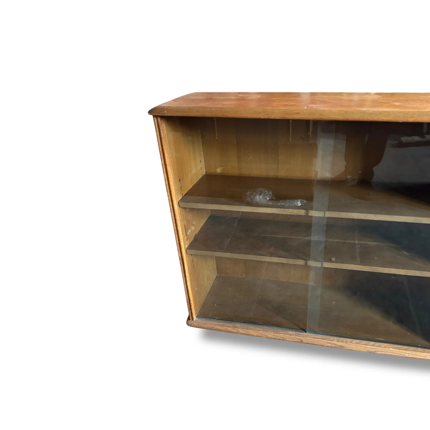 Midcentury Solid Oak Bookcase with Sliding Glass Doors | 1960s Priory Cabinet, Ercol Style