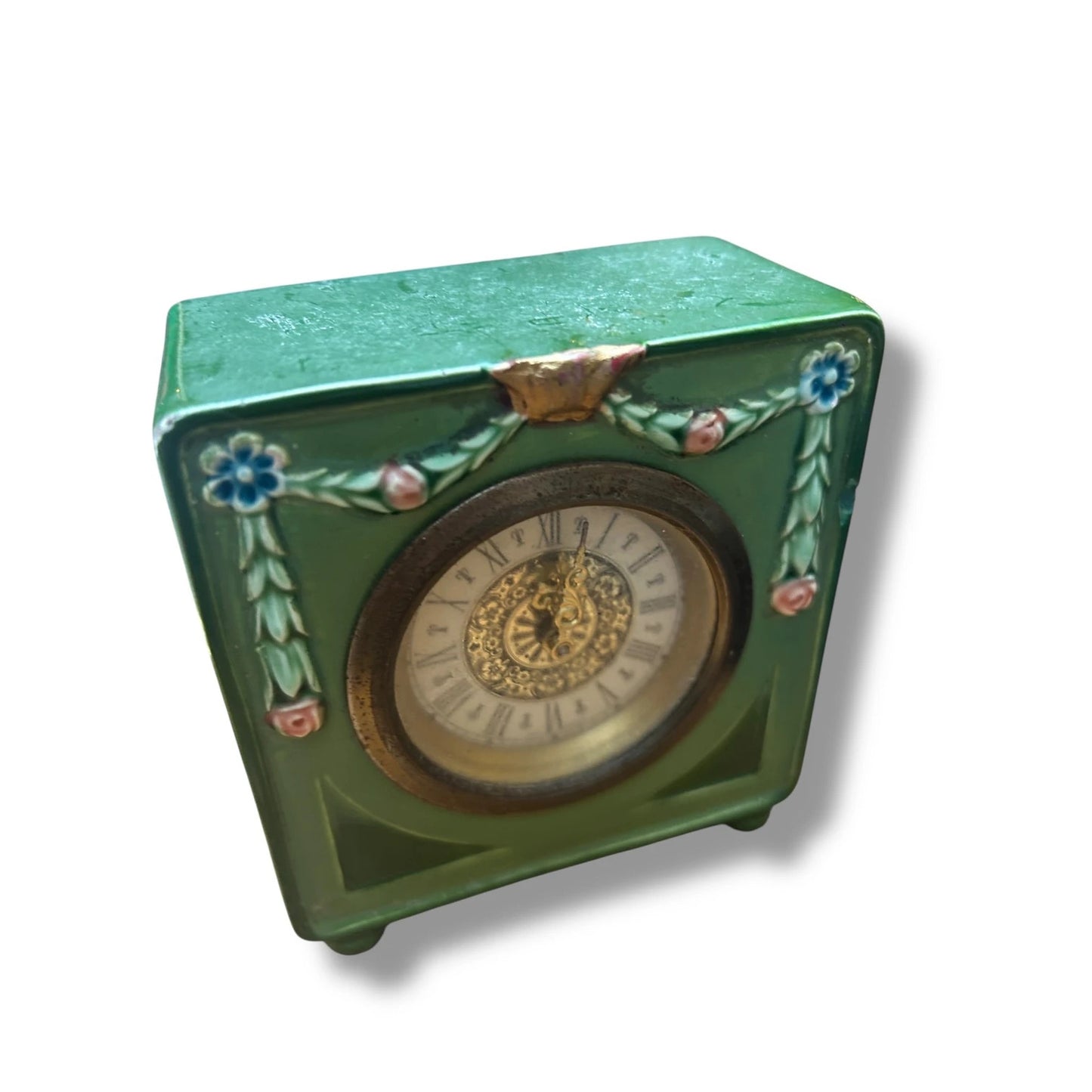 Vintage West German Mantel Clock | Green Ceramic Floral Table Clock