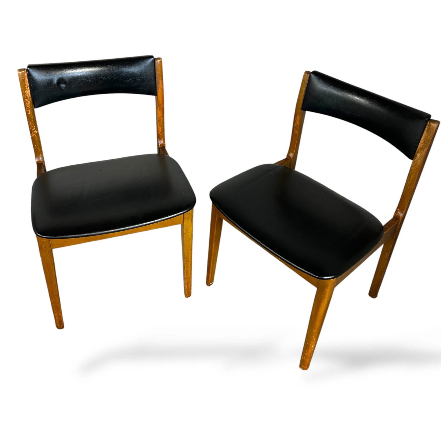 Mid Century Teak Dining Chairs – Set of 2 Vintage Black Vinyl Chairs