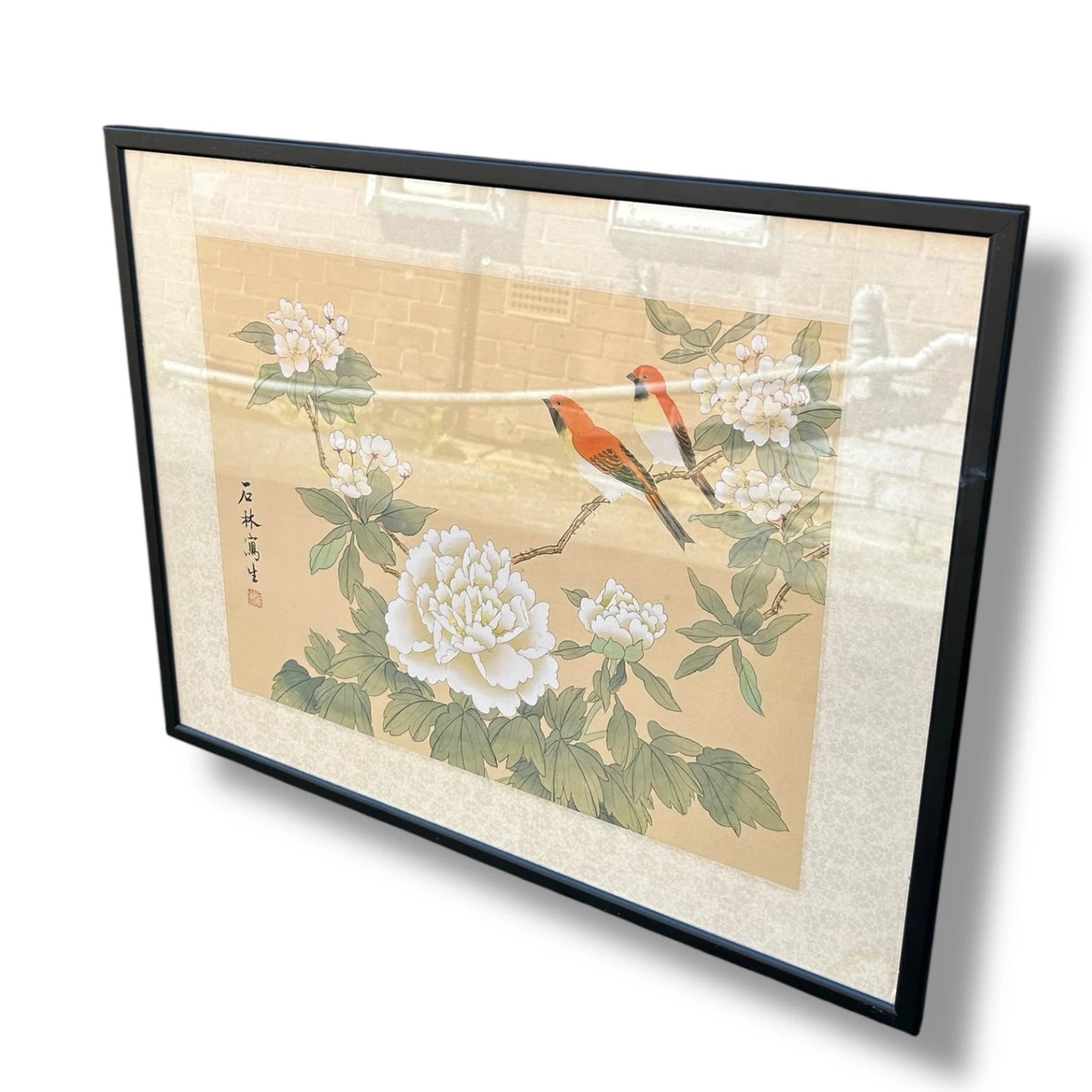 Vintage 1960s Chinese Birds Nature Floral Silk Art Framed Painting