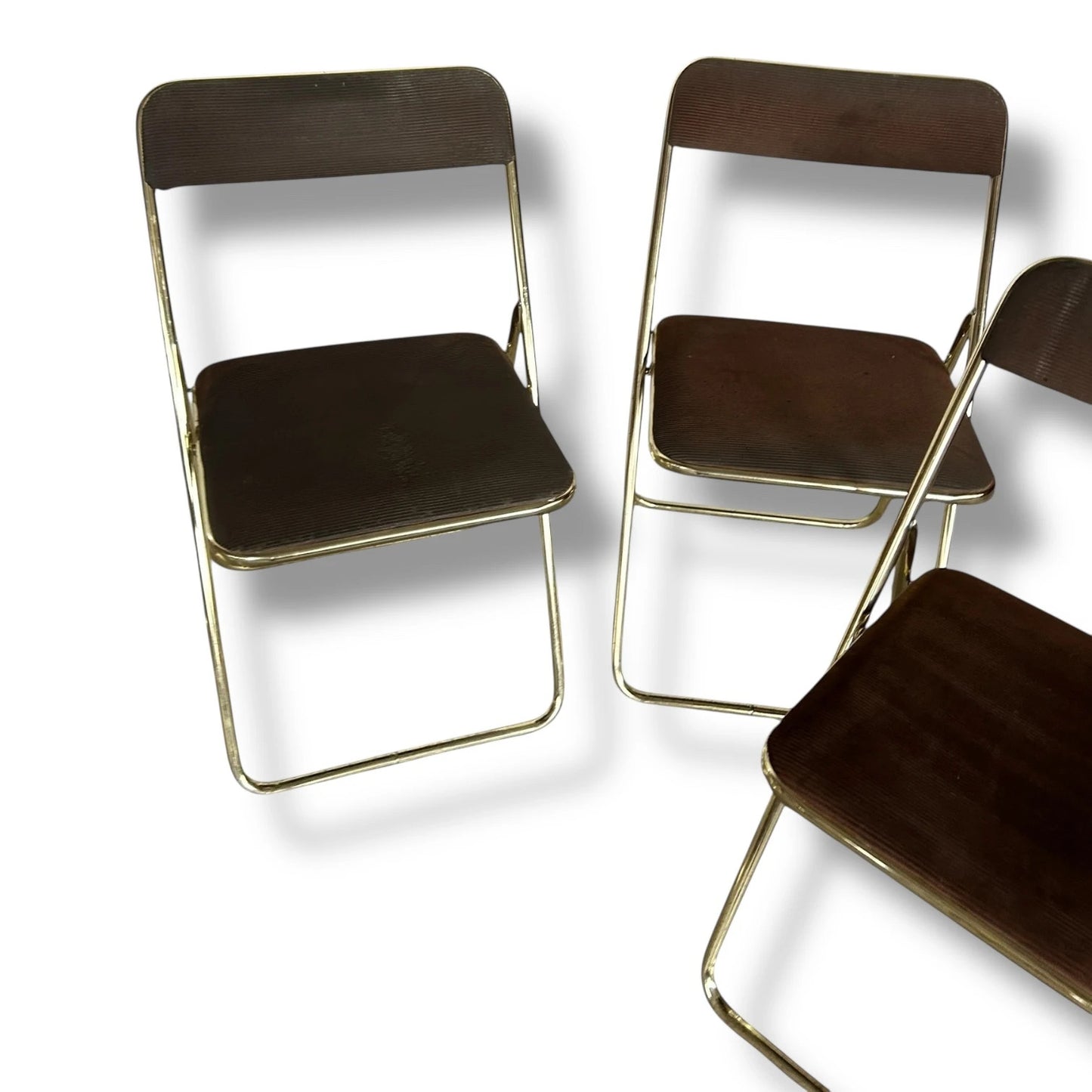 Set of 4 Vintage Mid Century Brass Folding Chairs – Brown Upholstered Dining Chairs